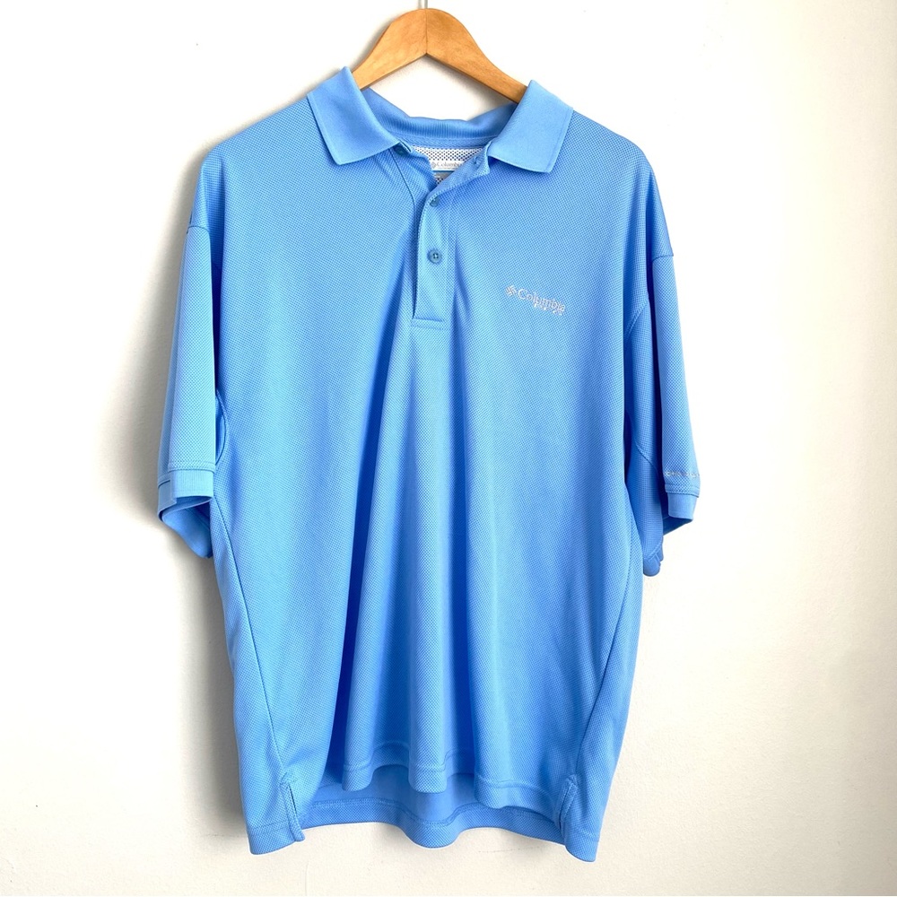 COLUMBIA PFG Mens Medium Light Blue Short Sleeve Polo Fishing Shirt FF5